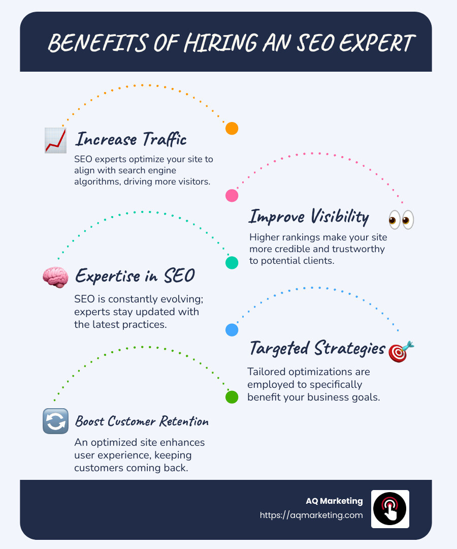 Infographic explaining SEO expertise benefits, showing traffic increase, improved visibility, and customer retention due to optimized ranking, visualizing paths leading upward, one symbolizing increased traffic, another improved visibility, and the last customer retention, color-coded to differentiate - seo expert infographic infographic-line-5-steps-blues-accent_colors