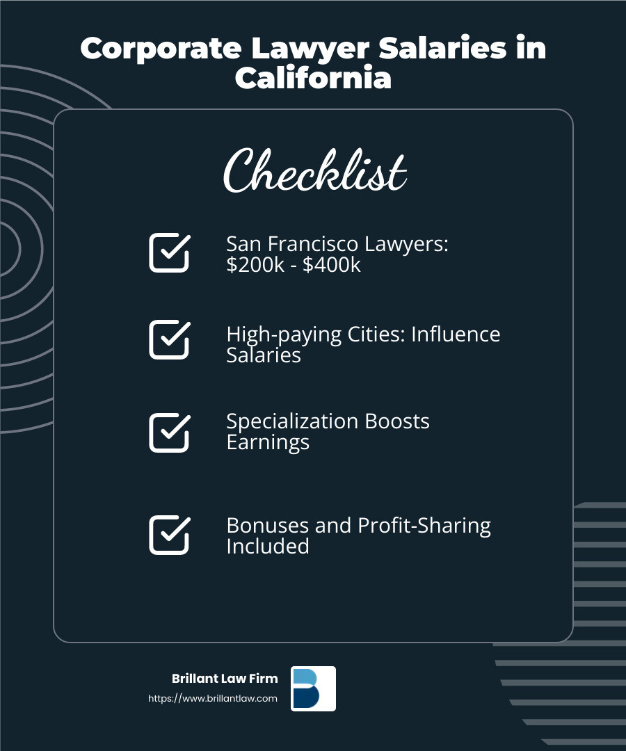 High salary ranges in California for corporate lawyers - corporate litigation lawyer salary infographic checklist-dark-blue