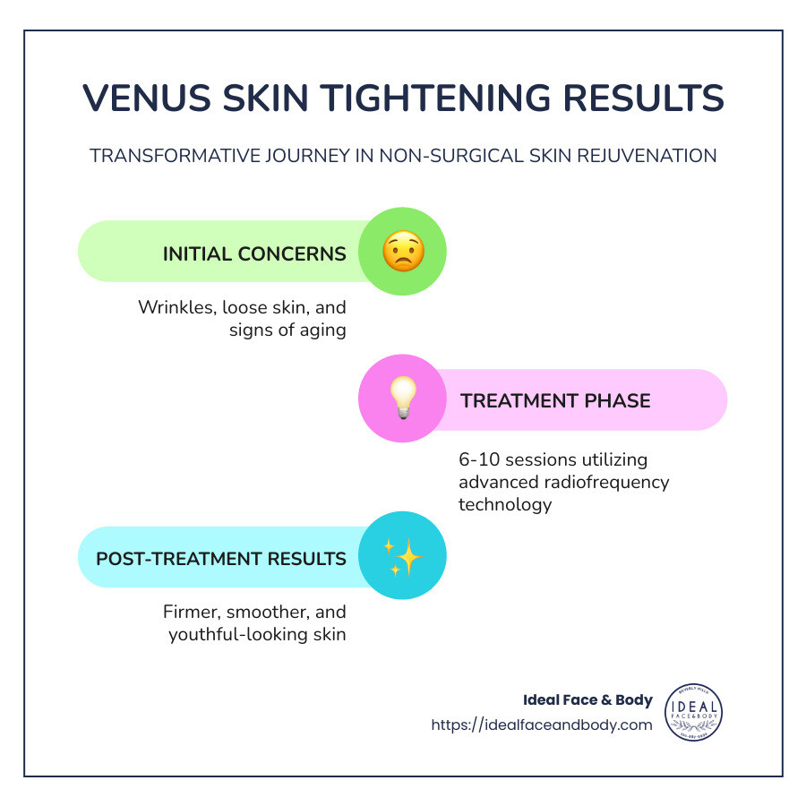 Infographic detailing Venus skin tightening before and after benefits and procedure timeline. - venus skin tightening before and after infographic infographic-line-3-steps-colors