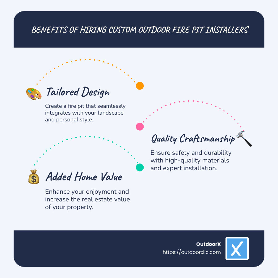 Overview of benefits of hiring custom outdoor fire pit installers: custom design, quality craftsmanship, added home value, expert safety execution - Custom Outdoor Fire Pit Installers infographic infographic-line-3-steps-blues-accent_colors