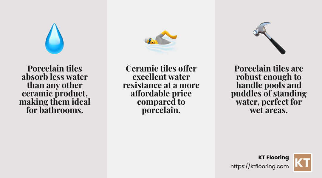Porcelain Tiles Offer Superior Water Resistance - waterproof flooring options for bathrooms infographic 3_facts_emoji_grey