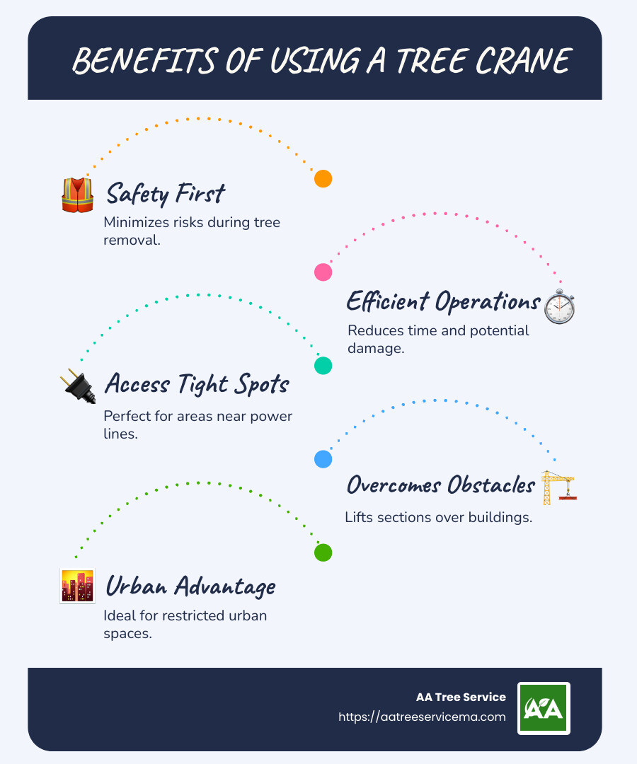 Infographic on benefits of using a tree crane - tree crane infographic infographic-line-5-steps-blues-accent_colors