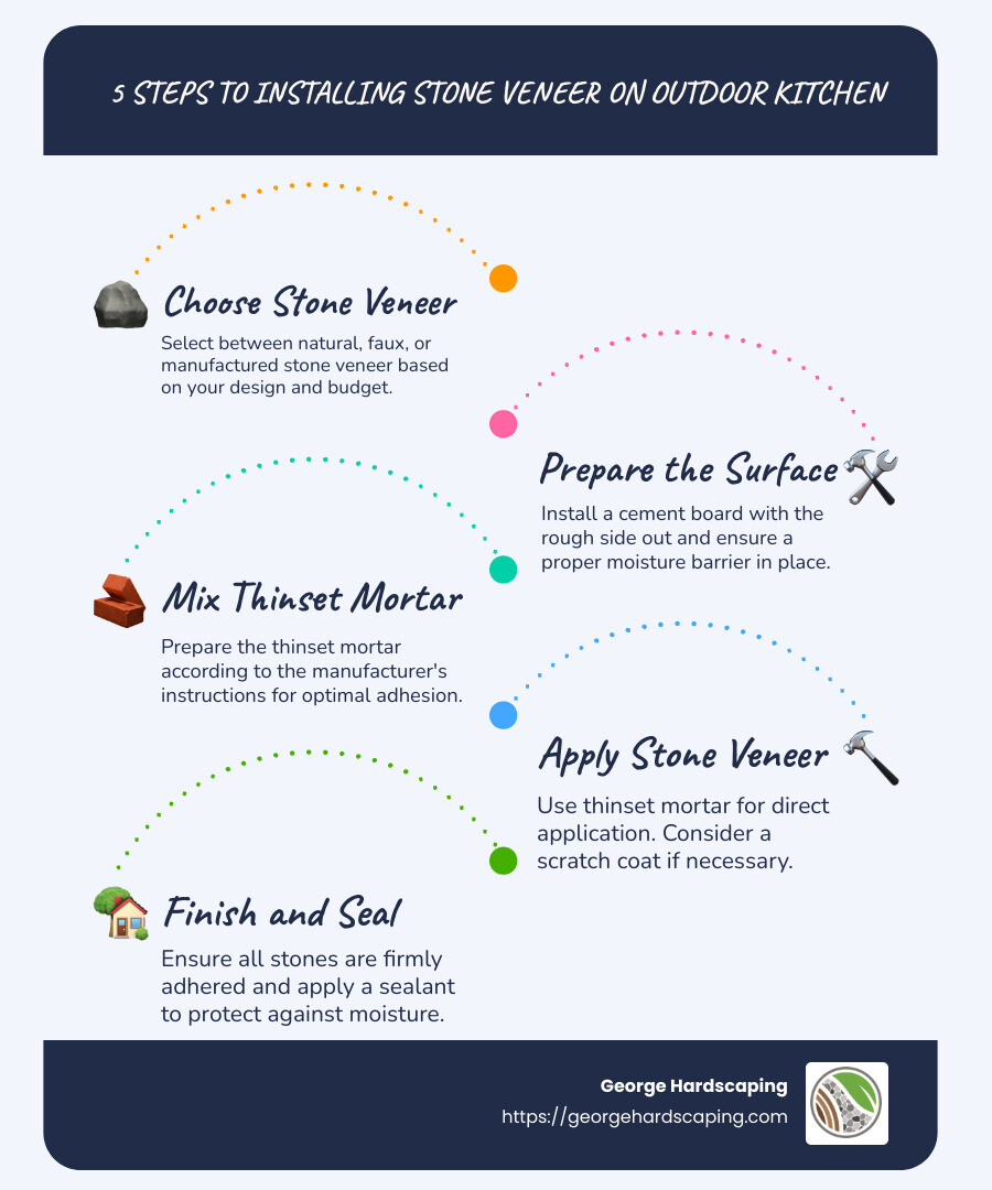 Detailed infographic showing step-by-step instructions for installing stone veneer on outdoor kitchen, including materials needed and climate considerations - installing stone veneer on outdoor kitchen infographic infographic-line-5-steps-blues-accent_colors