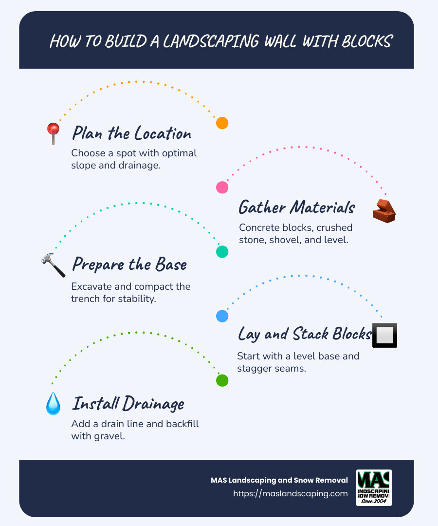Steps to build a retaining wall - how to build a landscaping wall with blocks infographic infographic-line-5-steps-blues-accent_colors