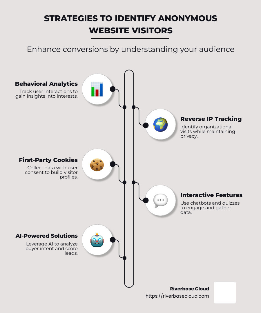 Infographic: Breakdown of Strategies to Identify Anonymous Website Visitors, showing methods like Behavioral Analytics, Reverse IP Tracking, First-Party Cookies, and Interactive Features - Identify Anonymous Website Visitors infographic infographic-line-5-steps-neat_beige
