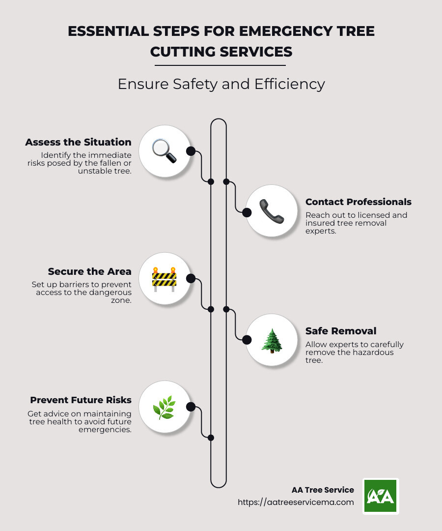 An infographic titled 'Essential Steps for Emergency Tree Cutting Services', illustrating steps such as assessing the situation, contacting professionals, securing the area, and performing safe removal, with simple illustrations and labels for each step - Emergency tree cutting services infographic infographic-line-5-steps-neat_beige An infographic titled 'Essential Steps for Emergency Tree Cutting Services', illustrating steps such as assessing the situation, contacting professionals, securing the area, and performing safe removal, with simple illustrations and labels for each step - Emergency tree cutting services infographic infographic-line-5-steps-neat_beige