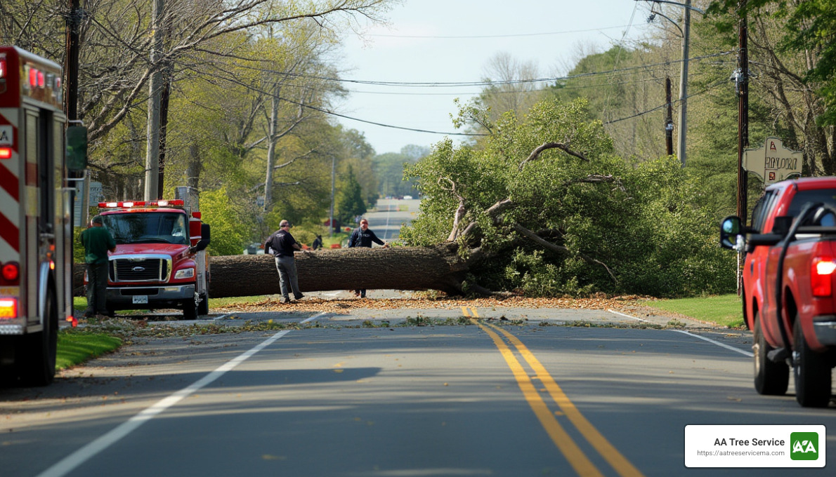 Fallen tree blocking a road - Emergency tree cutting services Fallen tree blocking a road - Emergency tree cutting services
