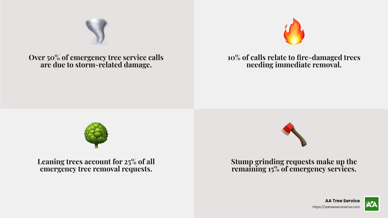Infographic: Breakdown of Emergency Tree Service Calls in Massachusetts and New Hampshire, including statistics on storm-related emergencies, fire damage, leaning trees, and stump grinding requests. - Emergency tree cutting services infographic 4_facts_emoji_grey Infographic: Breakdown of Emergency Tree Service Calls in Massachusetts and New Hampshire, including statistics on storm-related emergencies, fire damage, leaning trees, and stump grinding requests. - Emergency tree cutting services infographic 4_facts_emoji_grey