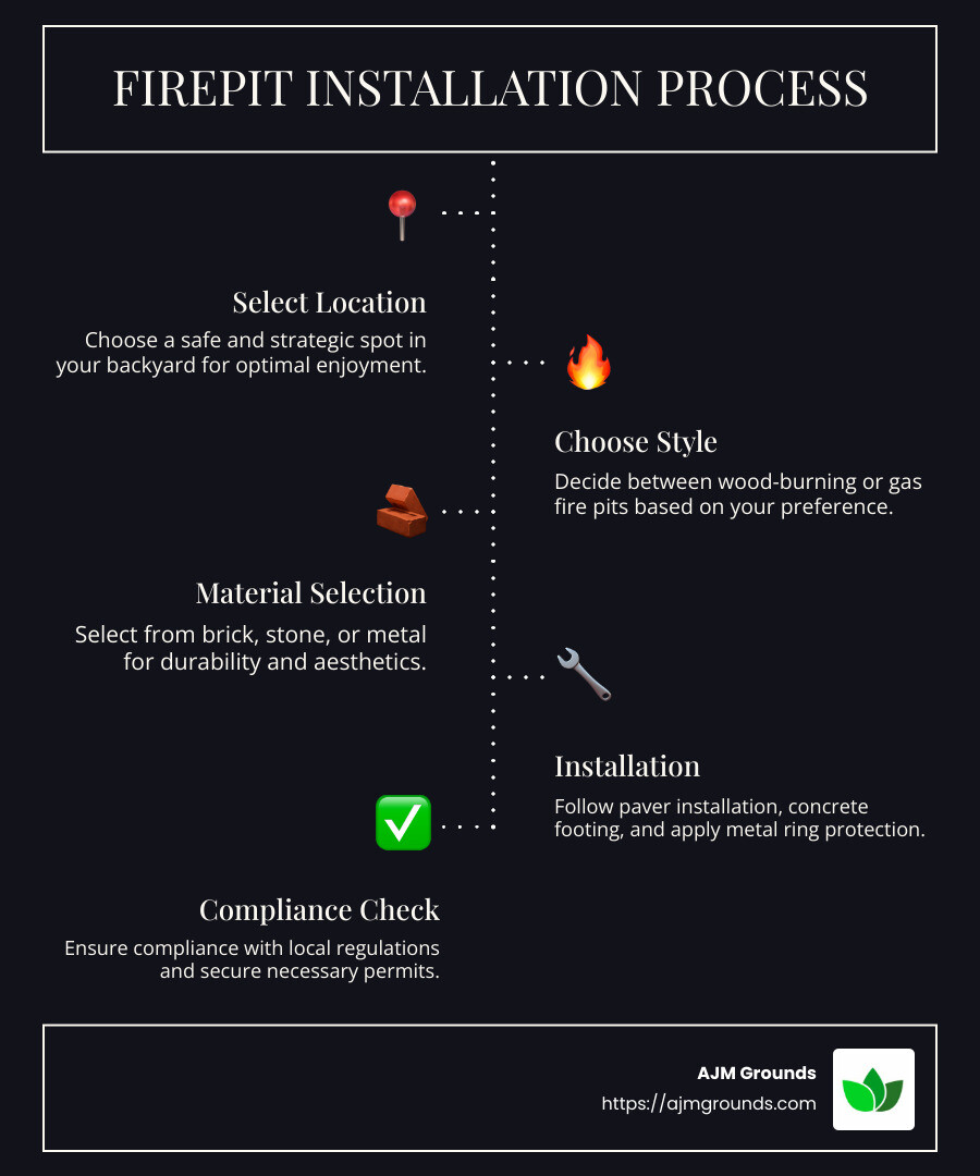 Infographic of fire pit installation steps including location choice, material selection, and installation timing for landscapes - Firepit Installers infographic infographic-line-5-steps-dark Infographic of fire pit installation steps including location choice, material selection, and installation timing for landscapes - Firepit Installers infographic infographic-line-5-steps-dark