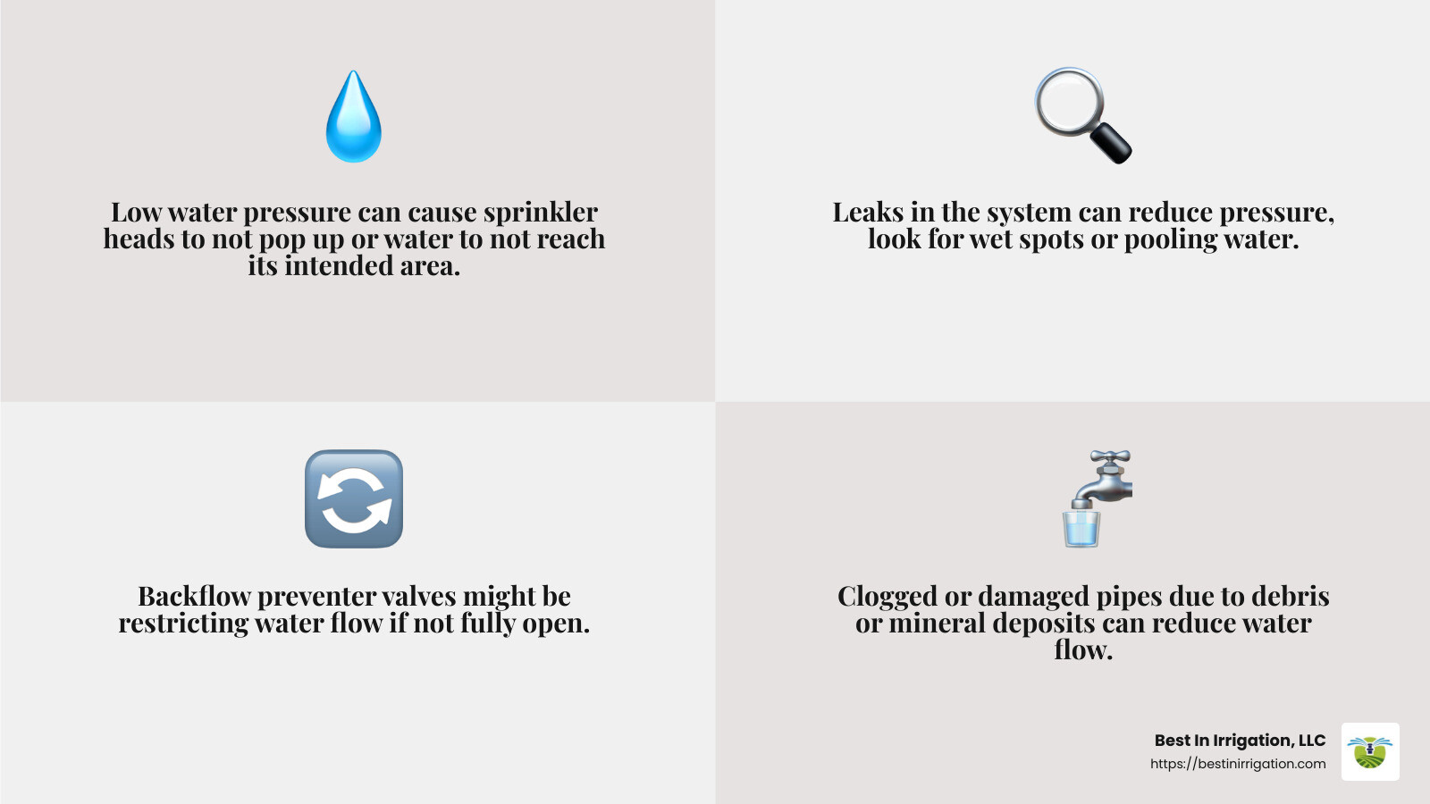 Low water pressure can lead to inefficient watering. - irrigation system repair near me infographic 4_facts_emoji_grey