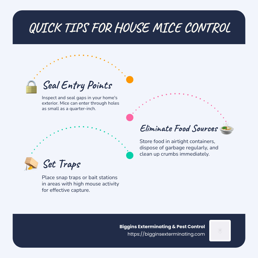 Step-by-step infographic detailing home sealing, food storage, and trap placement for effective mouse control - house mice control infographic infographic-line-3-steps-blues-accent_colors