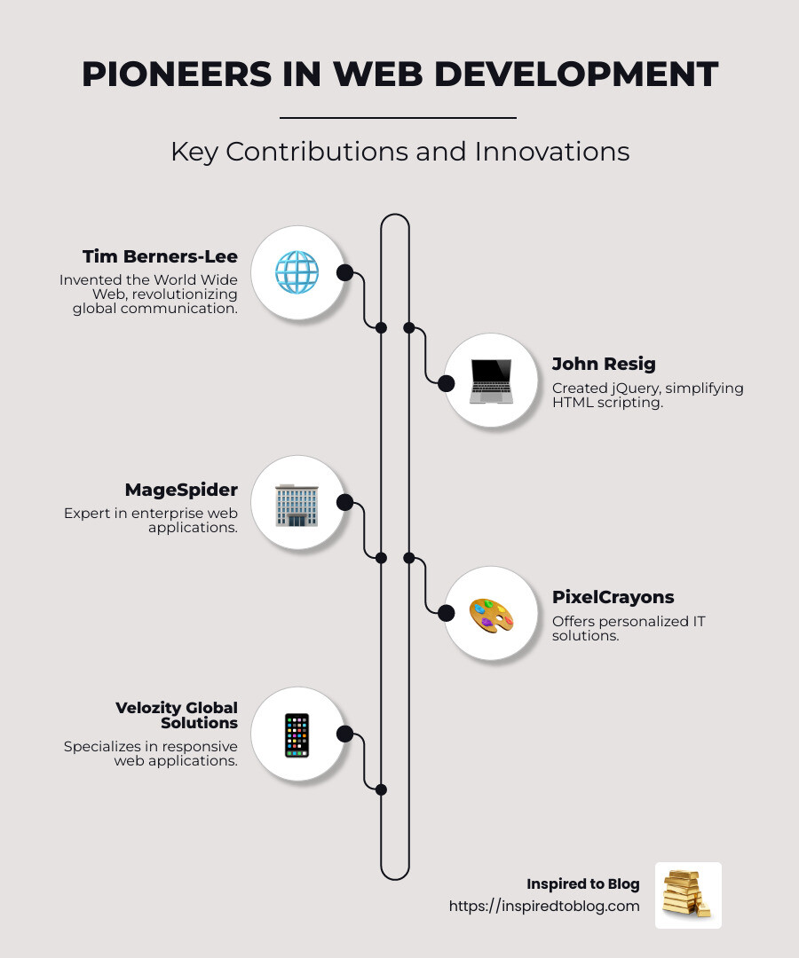 A detailed infographic showing a timeline of key innovations in web development, featuring icons and contributions of noteworthy developers including Tim Berners-Lee and John Resig. - best website developers infographic infographic-line-5-steps-neat_beige