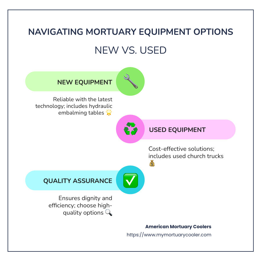 Infographic on mortuary equipment options, showing new vs. used features, costs, and key benefits for funeral home directors. - mortuary equipment infographic infographic-line-3-steps-colors