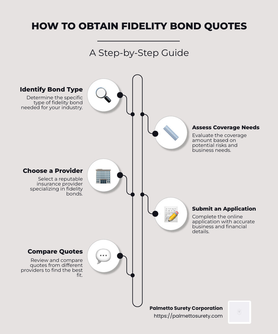 Detailed infographic showing the different types of fidelity bonds, industries that benefit from them such as it, finance, and healthcare, and a flowchart of how to obtain a quote, featuring steps from selecting a provider to receiving the bond, all laid against a backdrop of american business scenes - fidelity bond quotes infographic infographic-line-5-steps-neat_beige