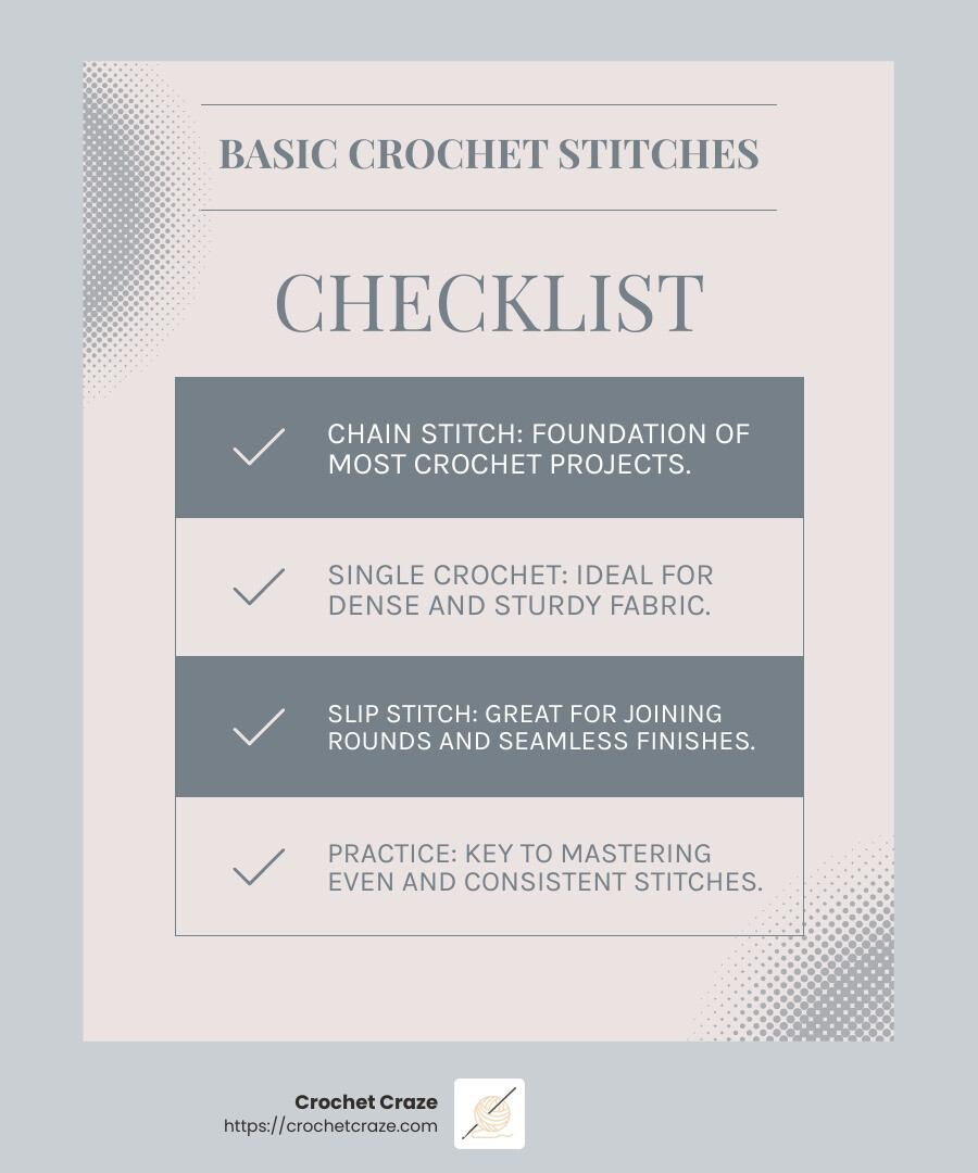 Crochet Basics Infographic - how to do a basic crochet stitch infographic checklist-light-blue-grey Crochet Basics Infographic - how to do a basic crochet stitch infographic checklist-light-blue-grey