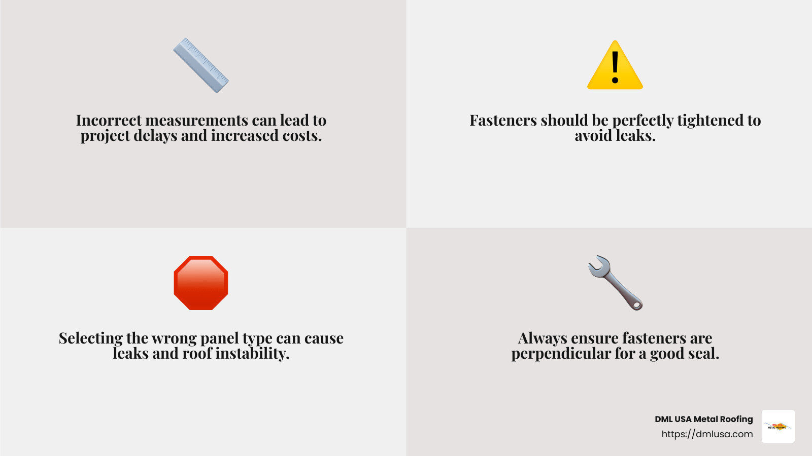 Fastener Installation Guide - Metal roof installation mistakes infographic 4_facts_emoji_grey