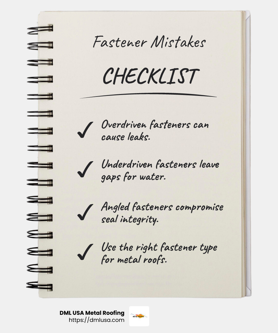 Improper fastener installation can lead to significant leaks and damage. - Metal roof installation mistakes infographic checklist-notebook