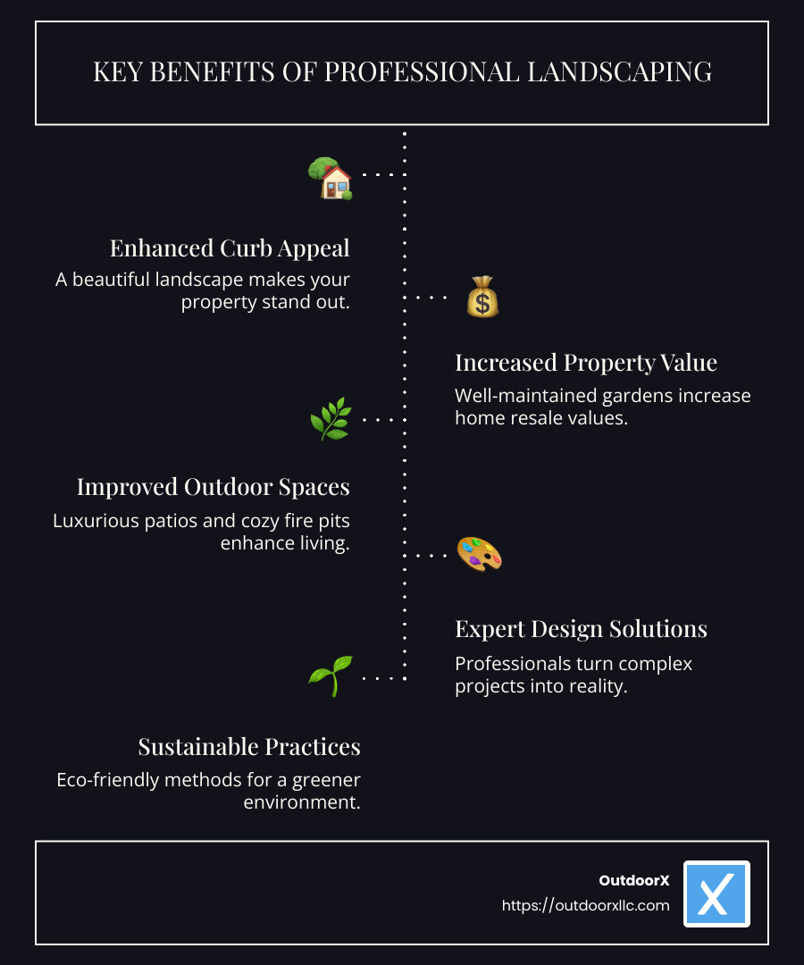 Infographic showing landscaping benefits including curb appeal, value increase, and lifestyle improvement - landscaping companies in massachusetts infographic infographic-line-5-steps-dark