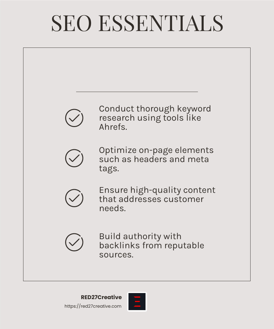Rev Up Your Revenue: SEO Strategies for Aftermarket Parts • aftermarket manufacturer seo • RED27Creative SEO Strategies Infographic - aftermarket manufacturer seo infographic checklist-light-beige