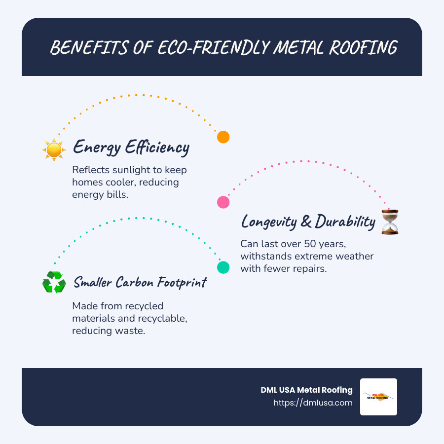 Infographic detailing benefits of eco-friendly metal roofing including energy efficiency, durability, and recyclability - eco-friendly metal roofing infographic infographic-line-3-steps-blues-accent_colors