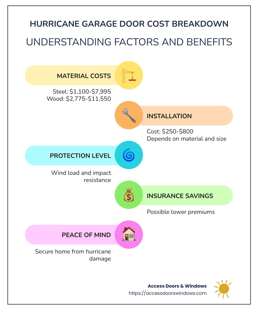 Hurricane Garage Door Cost Infographic - Distribution of costs for various materials including steel, wood, fiberglass, aluminum, and vinyl; details such as average installation costs and benefits like insurance savings - hurricane garage door cost infographic infographic-line-5-steps-colors