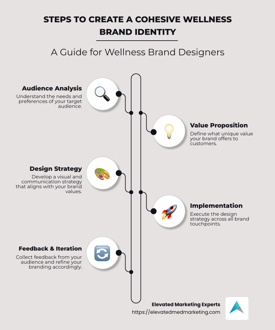 Infographic depicting the essential steps a wellness brand designer takes to create a cohesive and impactful brand identity, including audience analysis, value proposition, design strategy, and implementation. - wellness brand designer infographic infographic-line-5-steps-neat_beige