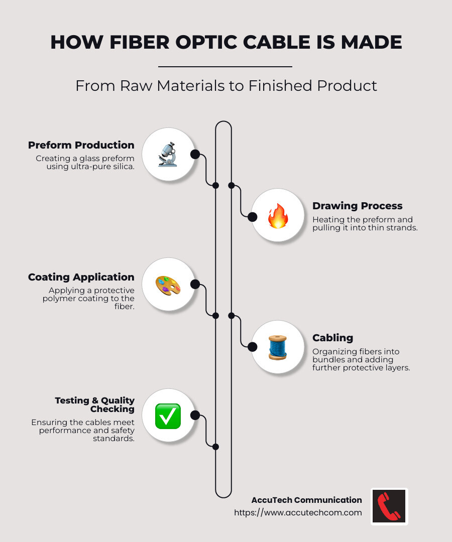 Infographic detailing the process of how fiber optic cable is made, from raw materials to final testing, highlighting core, cladding, and coating steps, and the significance of purity in each layer - how is fiber optic cable made infographic infographic-line-5-steps-neat_beige Infographic detailing the process of how fiber optic cable is made, from raw materials to final testing, highlighting core, cladding, and coating steps, and the significance of purity in each layer - how is fiber optic cable made infographic infographic-line-5-steps-neat_beige