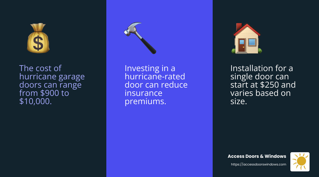 The installed cost of a garage door ranges from $1,450 to $12,000 depending on the material, size, and design. - hurricane garage door cost infographic 3_facts_emoji_blue