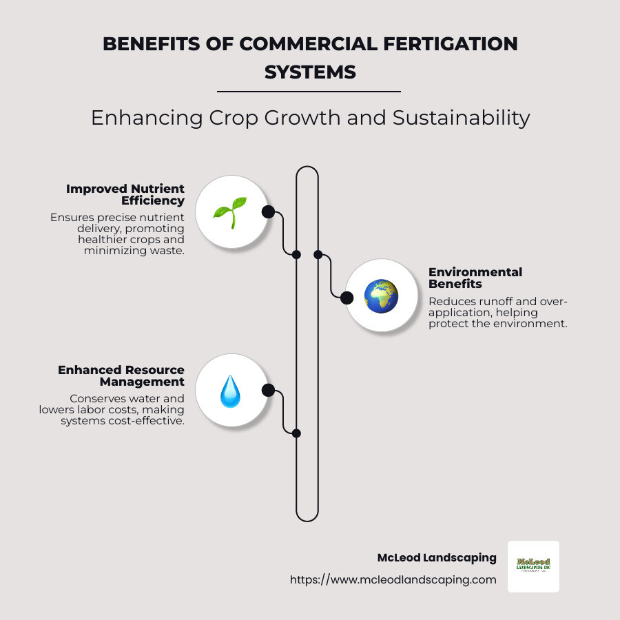 Infographic showing benefits of commercial fertigation systems: improved nutrient efficiency, environmental benefits, resource management - commercial fertigation systems infographic infographic-line-3-steps-neat_beige