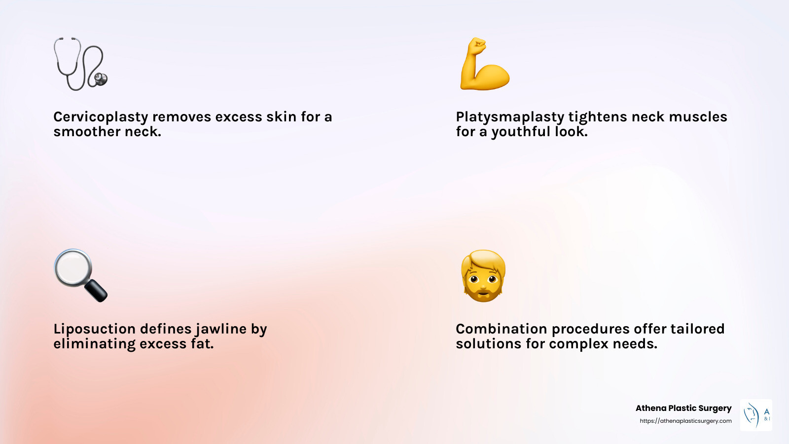 Defining Masculinity: A Guide to Neck Lifts for Men 6 Combination procedures can address multiple concerns in the neck and jawline area. - Neck lift for men infographic 4_facts_emoji_light-gradient