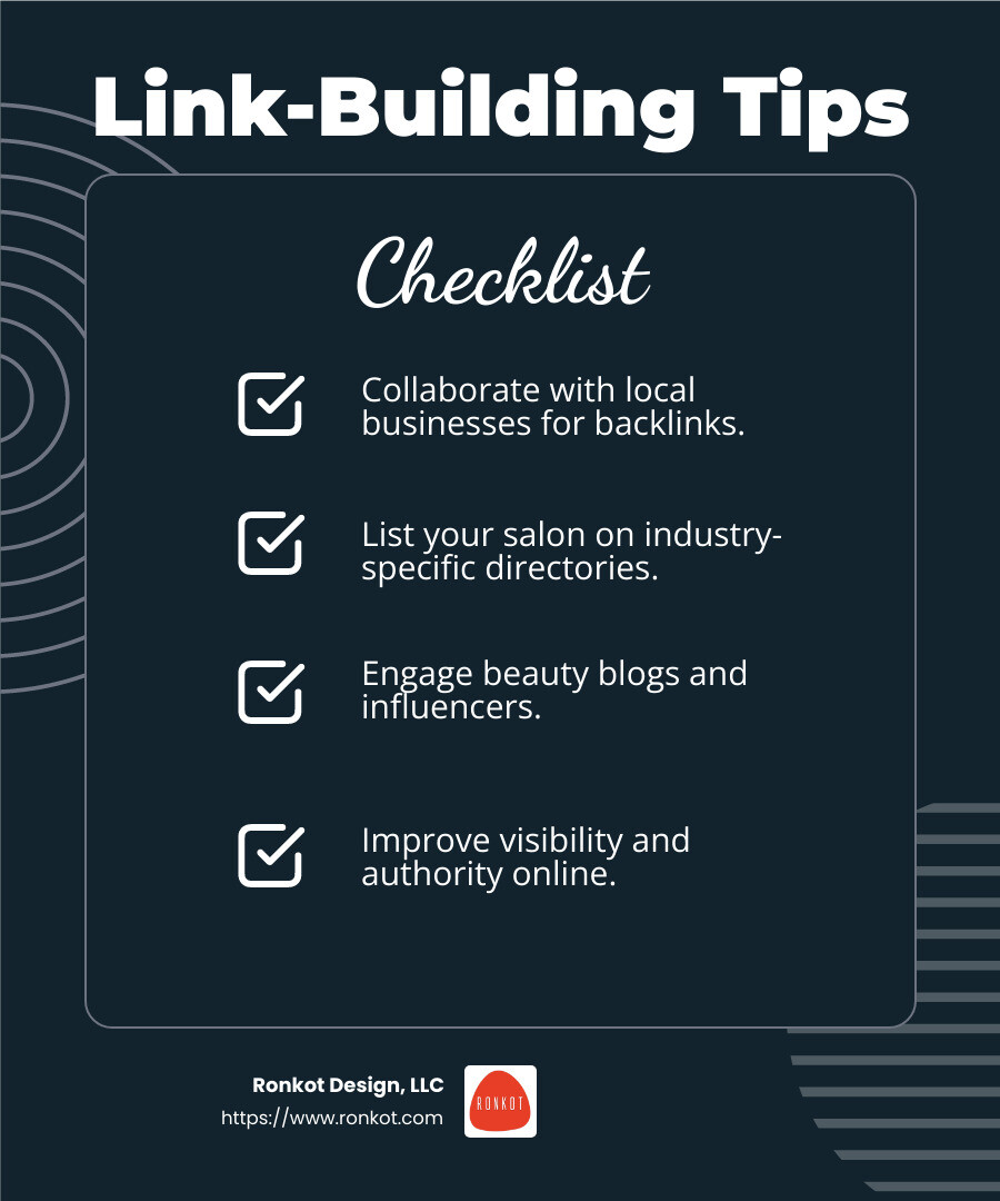 Link-building improves your salon's authority and visibility. - how to improve salon seo ranking infographic checklist-dark-blue Link-building improves your salon's authority and visibility. - how to improve salon seo ranking infographic checklist-dark-blue