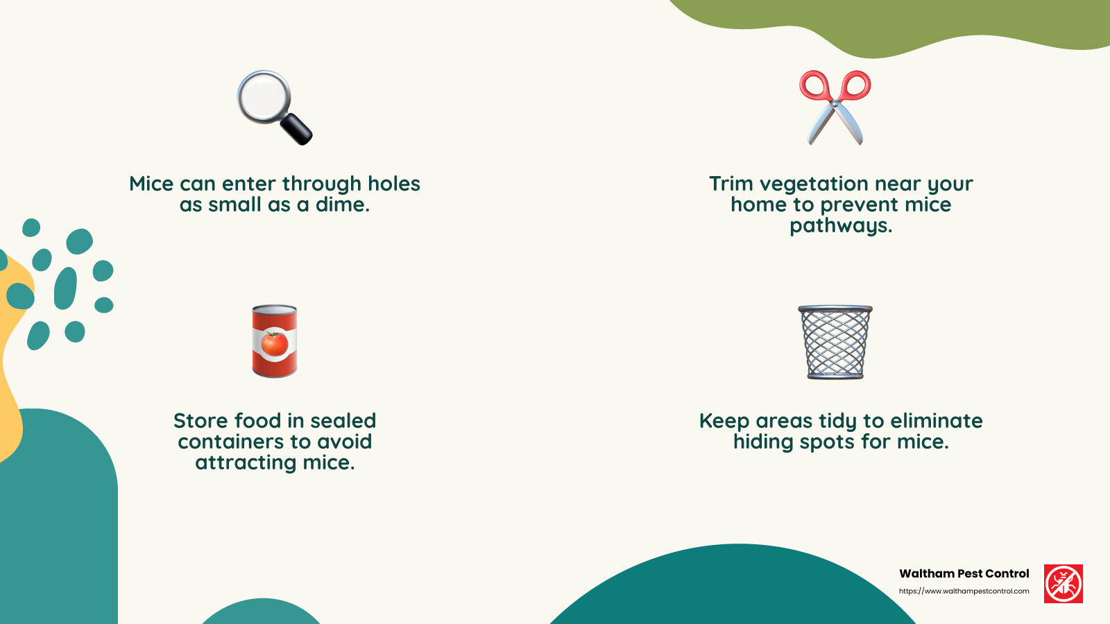 Mice love clutter and darkness; keeping spaces tidy helps prevent infestations. - how does an exterminator get rid of mice infographic 4_facts_emoji_nature