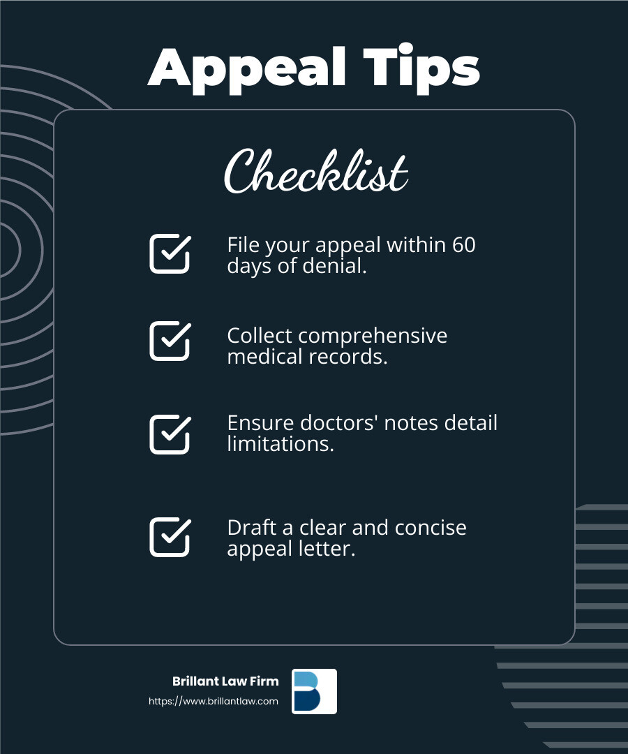 A strong medical record can significantly boost your appeal chances. - social security disability appeal lawyer near me infographic checklist-dark-blue