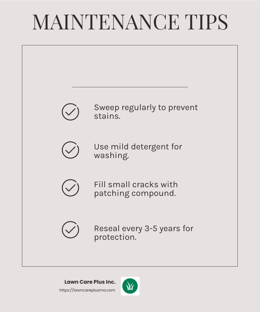 Concrete patio maintenance tips - concrete patio installation infographic checklist-light-beige
