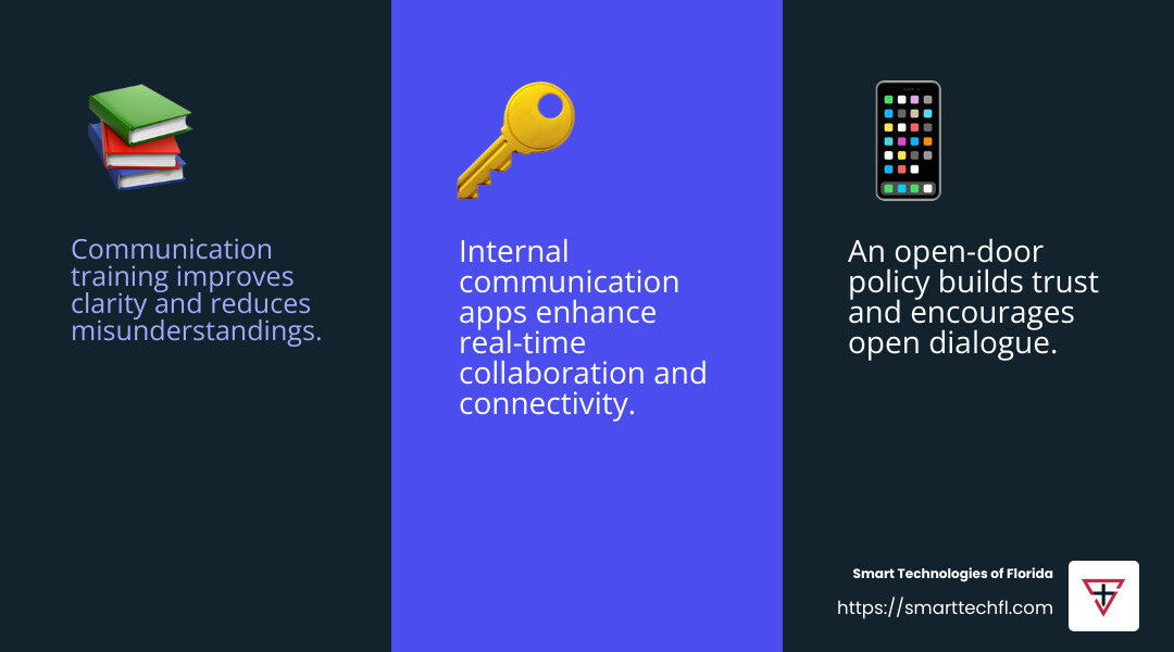 Invest in communication training to improve workplace efficiency. - solutions for communication problems in business infographic 3_facts_emoji_blue