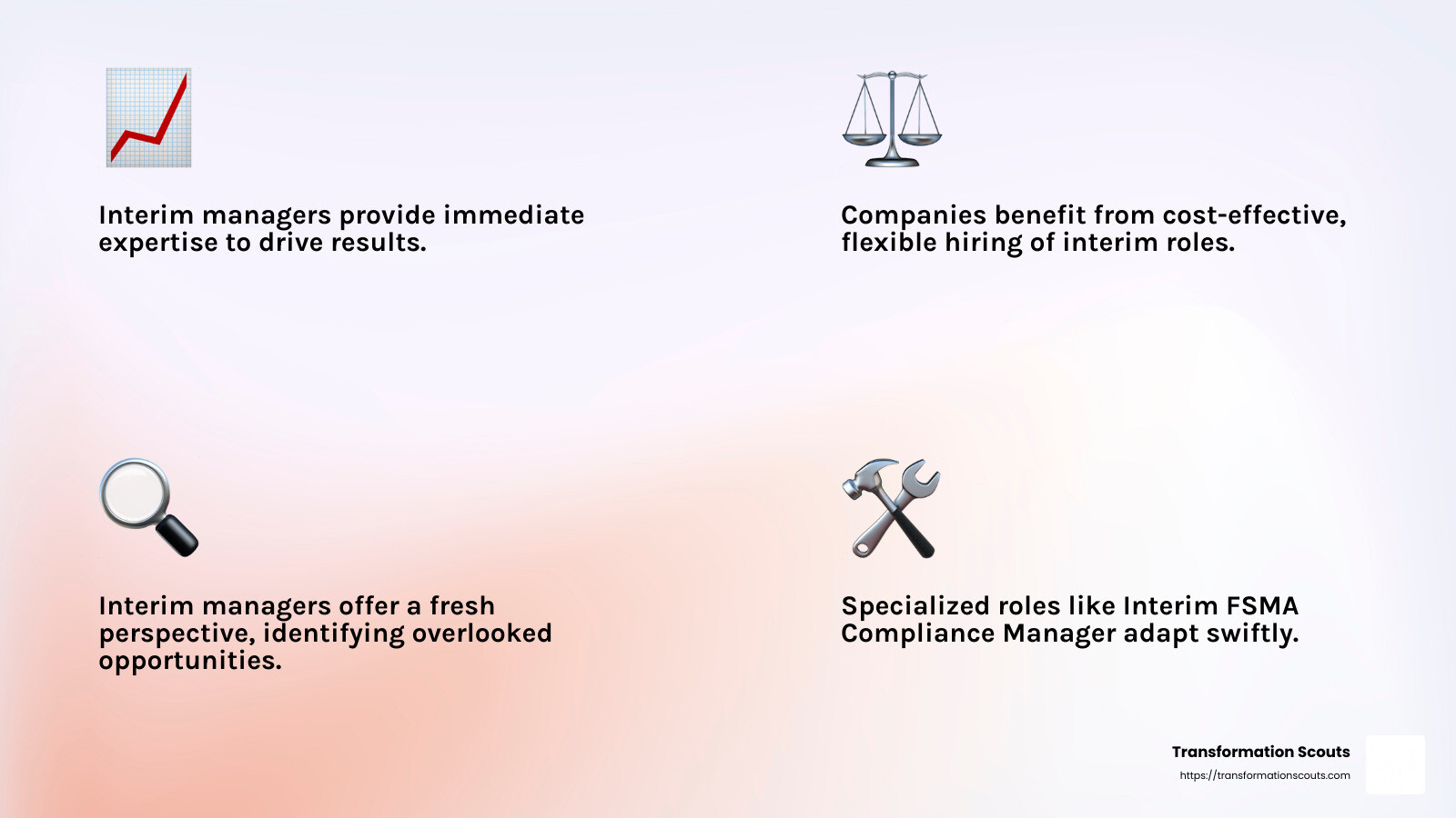 Interim managers bring a fresh perspective, helping organizations see challenges and opportunities in new ways. - interim management vacancies infographic 4_facts_emoji_light-gradient Interim managers bring a fresh perspective, helping organizations see challenges and opportunities in new ways. - interim management vacancies infographic 4_facts_emoji_light-gradient