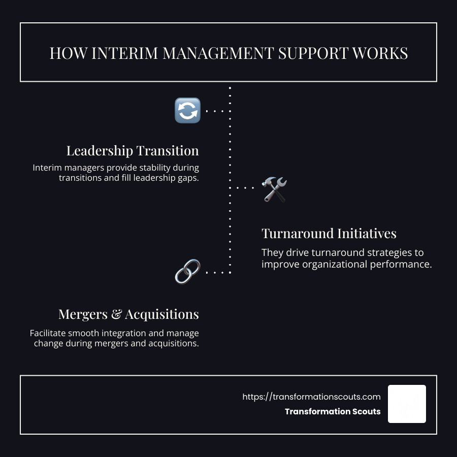 infographic depicting interim management support process and benefits - interim management support infographic infographic-line-3-steps-dark