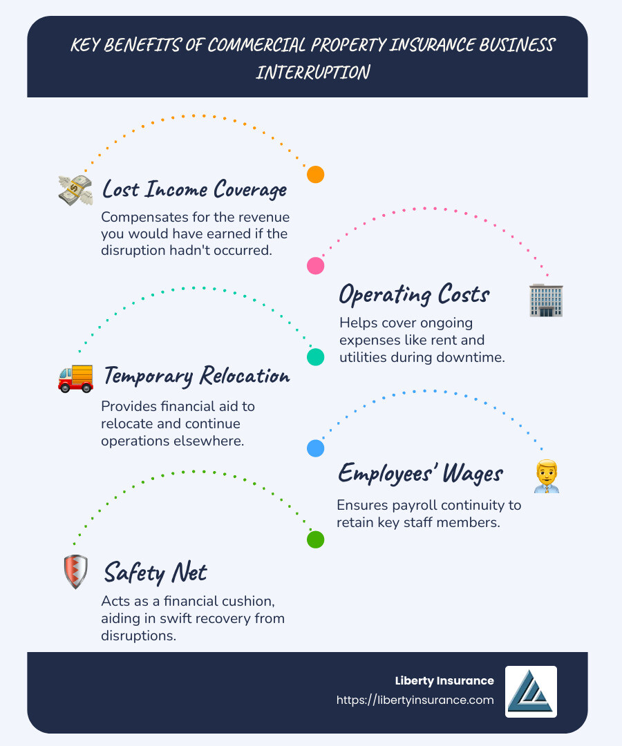 Infographic showing types and benefits of business interruption insurance with key statistics - commercial property insurance business interruption infographic infographic-line-5-steps-blues-accent_colors