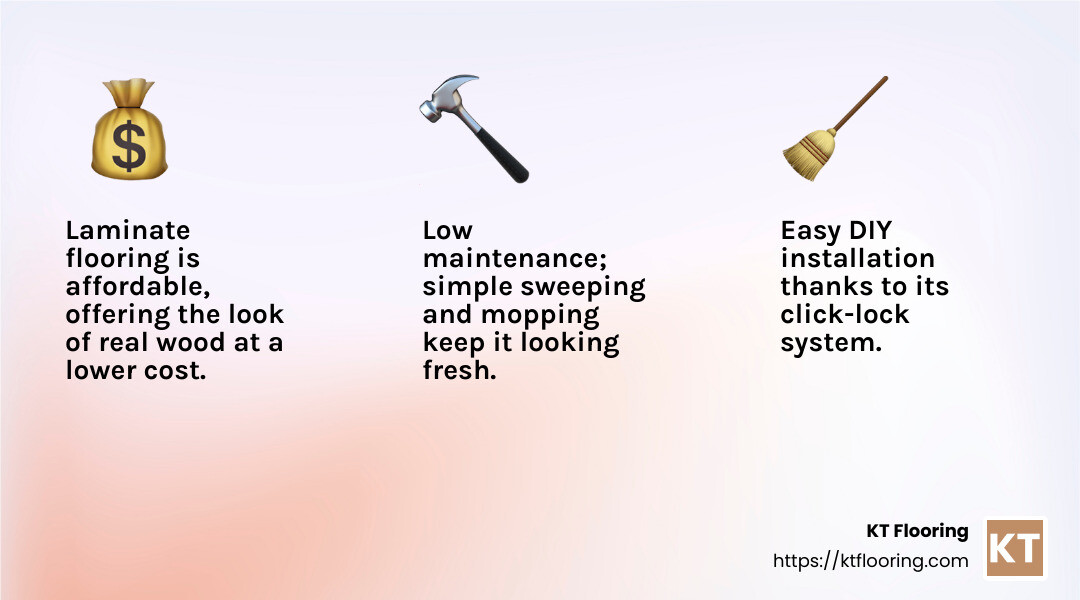 Laminate flooring is both affordable and stylish, offering the look of real wood at a fraction of the cost. - best deals for flooring infographic 3_facts_emoji_light-gradient