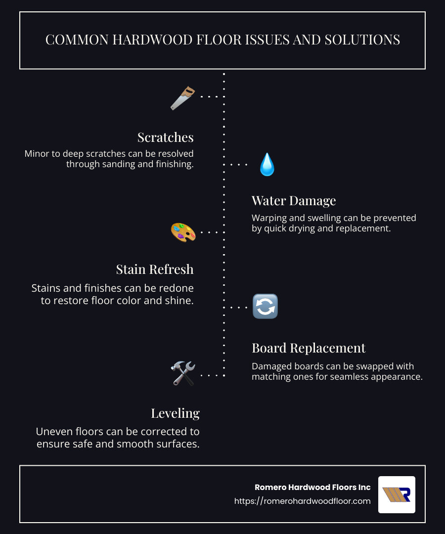 Detailed infographic showing common hardwood floor issues in Beverly MA and their repair solutions - hardwood floor repair in beverly ma infographic infographic-line-5-steps-dark