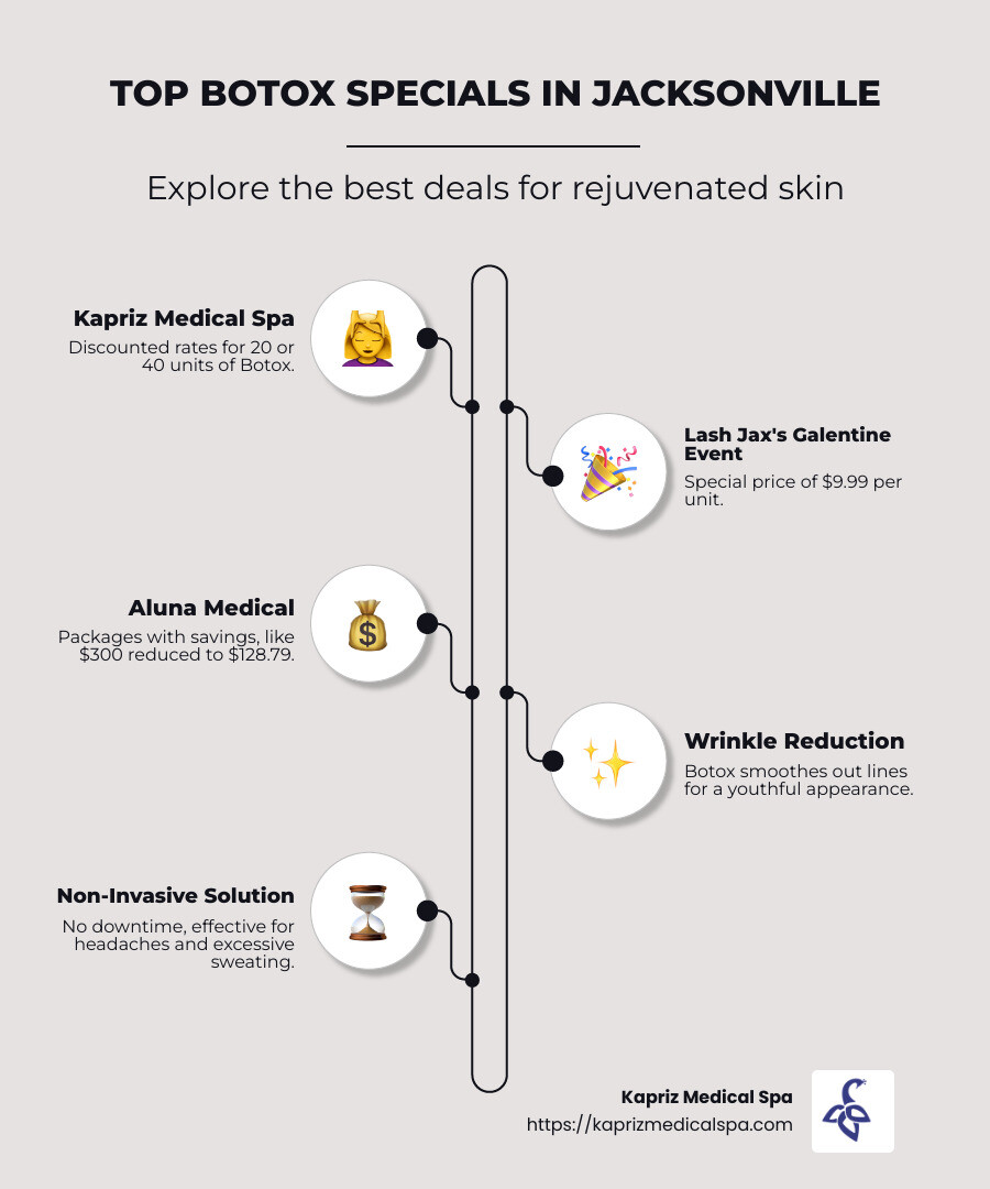 Overview of Jacksonville Botox specials with prices, locations, and additional offers - botox specials jacksonville fl infographic infographic-line-5-steps-neat_beige