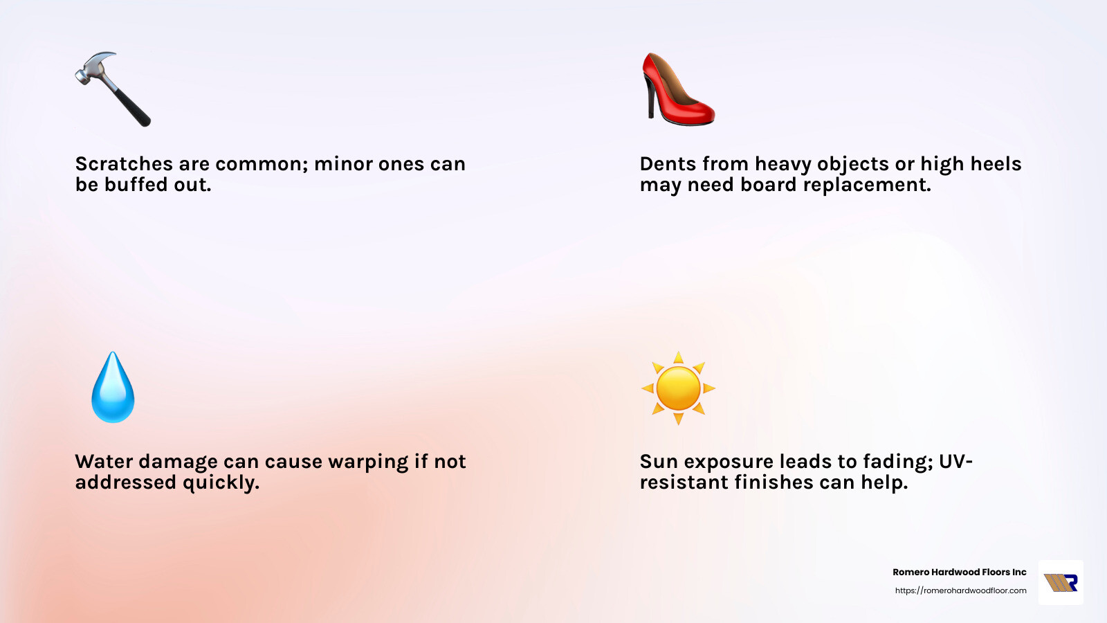 Water damage is one of the most common issues faced by homeowners with hardwood floors. Quick action can prevent extensive damage. - hardwood floor repair beverly ma infographic 4_facts_emoji_light-gradient