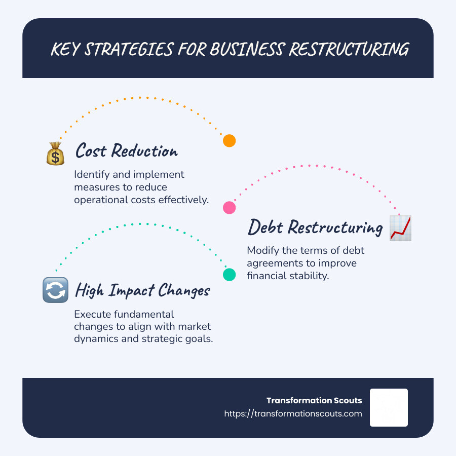 Business restructuring strategies infographic: Showing key strategies such as cost reduction, realignment goals, technological adoption, external consultation - business restructuring advice infographic infographic-line-3-steps-blues-accent_colors Business restructuring strategies infographic: Showing key strategies such as cost reduction, realignment goals, technological adoption, external consultation - business restructuring advice infographic infographic-line-3-steps-blues-accent_colors