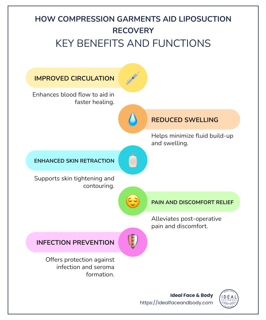 infographic showing functions of compression garments in liposuction recovery: improved circulation, reduced swelling, improved contouring, pain relief, infection prevention - how do compression garments help after liposuction infographic infographic-line-5-steps-colors