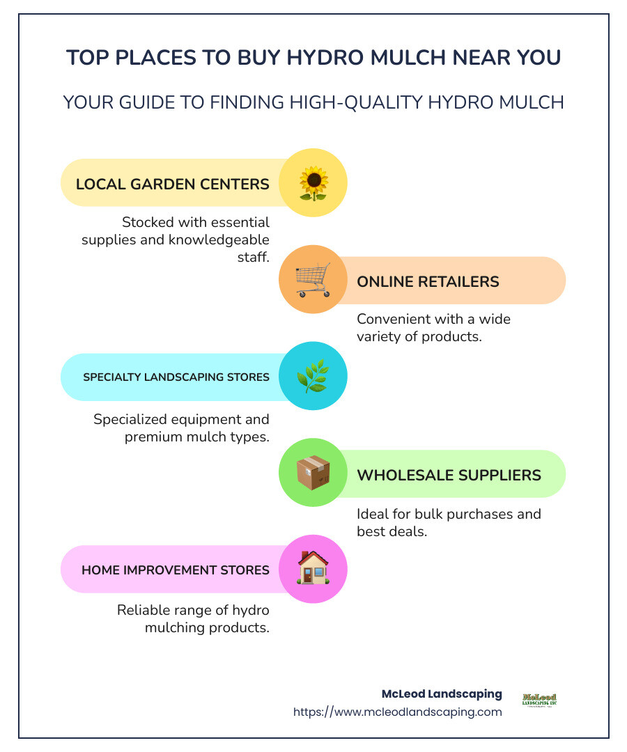 Infographic detailing top places to purchase hydro mulch near me, including benefits of each location - hydro mulch near me infographic infographic-line-5-steps-colors