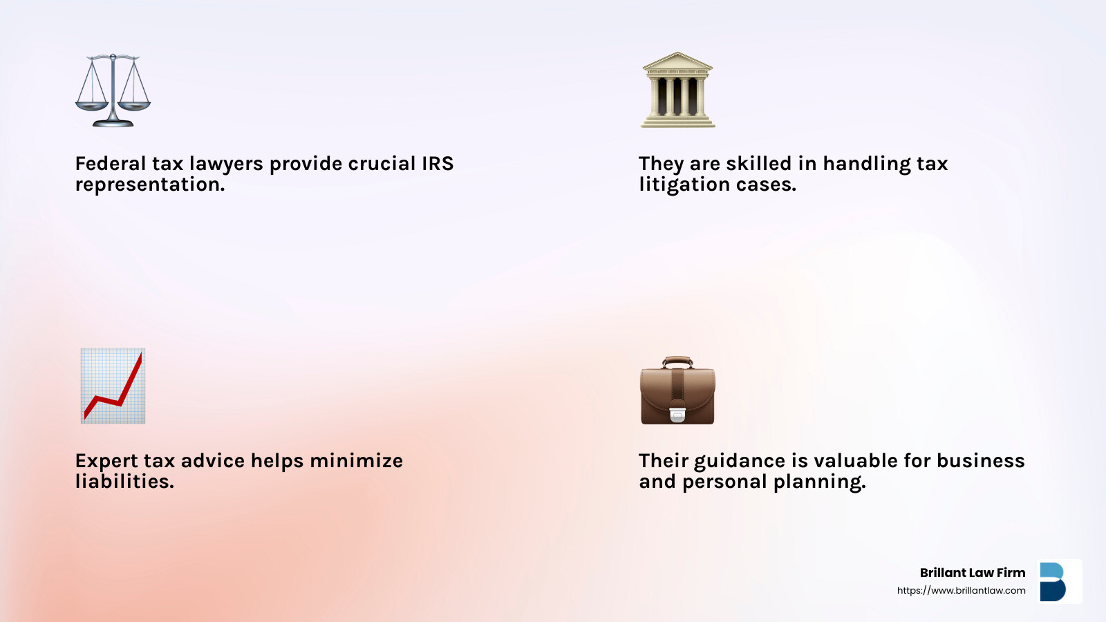 Federal tax lawyers play a crucial role in navigating IRS challenges and tax litigation. - federal tax lawyer infographic 4_facts_emoji_light-gradient