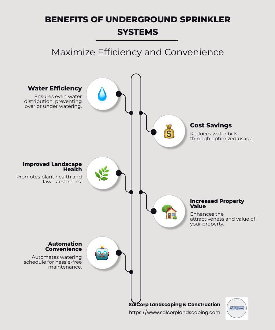 Infographic detailing benefits of underground sprinkler systems: water efficiency, cost savings, improved landscape health, increased property value, automation convenience - underground sprinkler company near me infographic infographic-line-5-steps-neat_beige