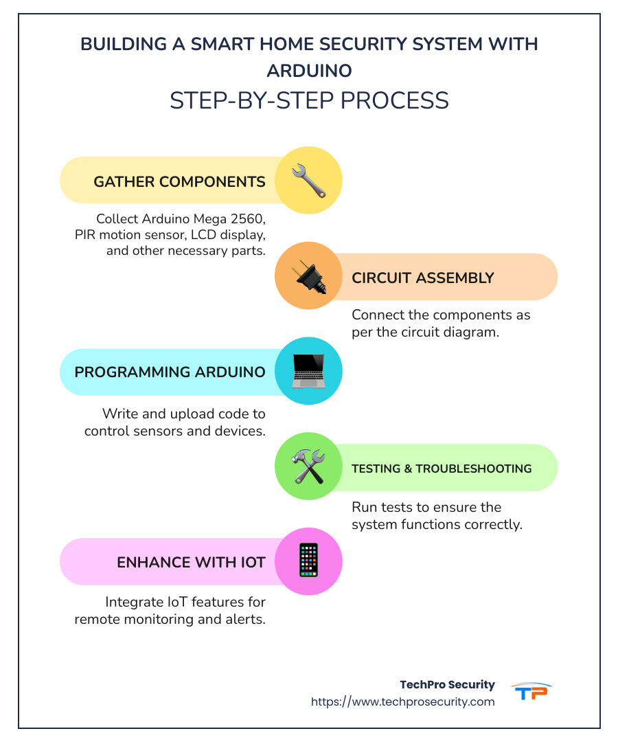 Infographic detailing Arduino-powered smart home security features and components - smart home security system using arduino infographic infographic-line-5-steps-colors
