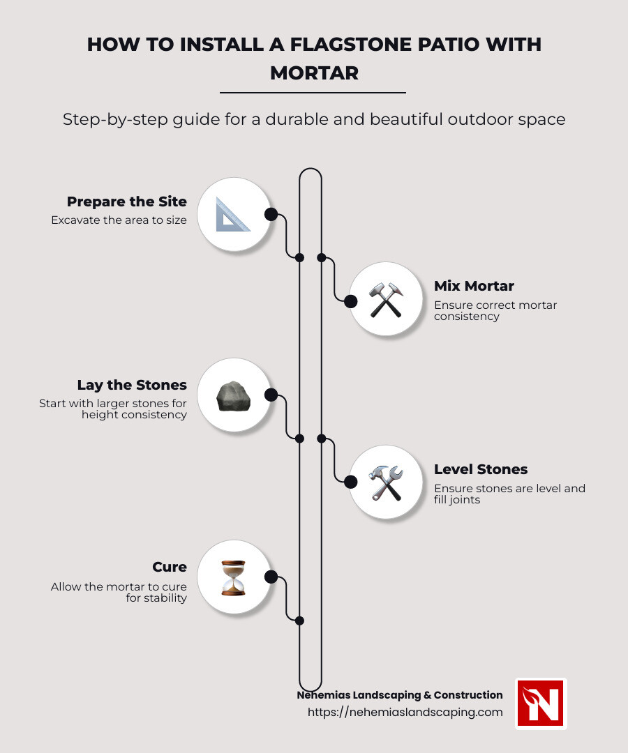 process of installing a flagstone patio with mortar - how to install a flagstone patio with mortar infographic infographic-line-5-steps-neat_beige
