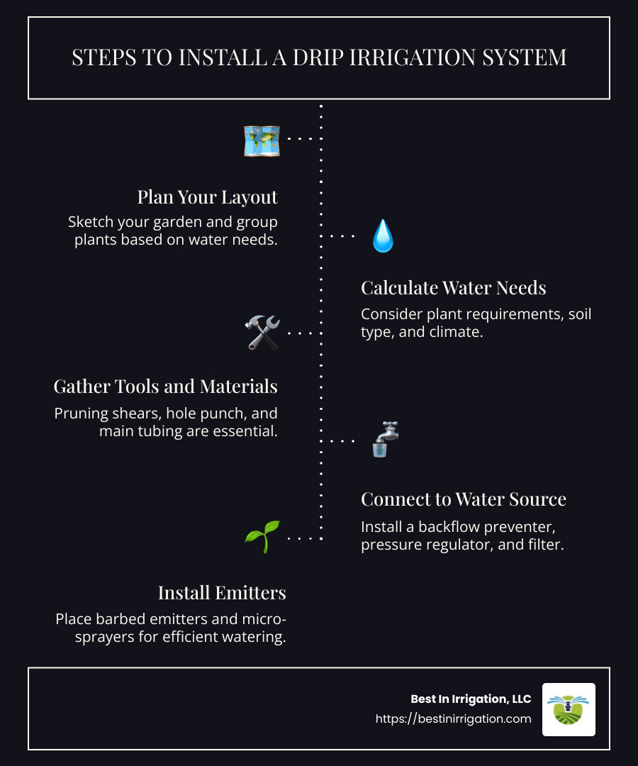 Infographic detailing the steps of installing a drip irrigation system - Drip irrigation installation infographic infographic-line-5-steps-dark